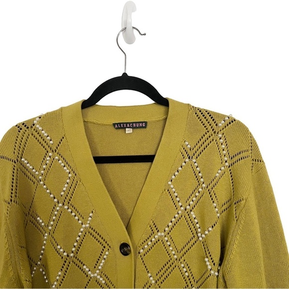 Alexa Chung Mabel Pearl Wool Blend Embroidered Cardigan In Chartreuse fits M-L - Picture 4 of 9